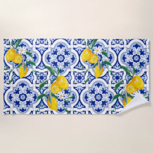 Serviette De Plage Tuiles portugaises, citrons, fruits, art d'été    