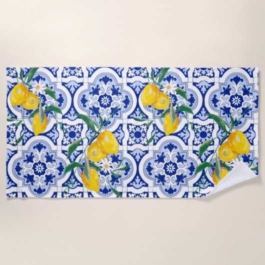 Serviette De Plage Tuiles portugaises, citrons, fruits, art d'été (Devant)