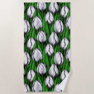 Serviette De Plage Tulières blanches avec feuilles verts