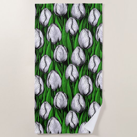 Serviette De Plage Tulières blanches avec feuilles verts (Devant)