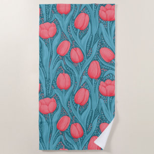 Serviette De Plage Tulipes en bleu et rouge