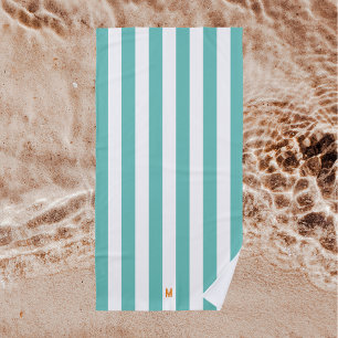 Serviette De Plage Turquoise bande de cabane et monogramme orange per