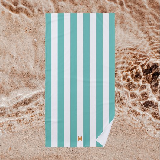 Serviette De Plage Turquoise bande de cabane et monogramme orange per