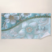 Serviette De Plage Turquoise Blanc Floral Beach (Devant)