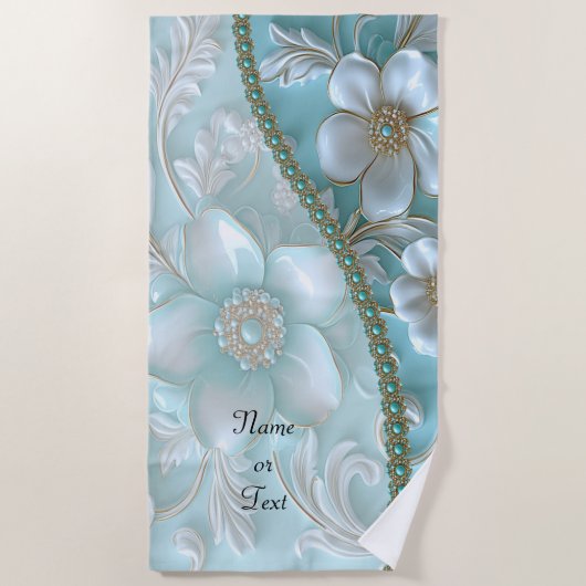 Serviette De Plage Turquoise Blanc Floral Beach (Devant)