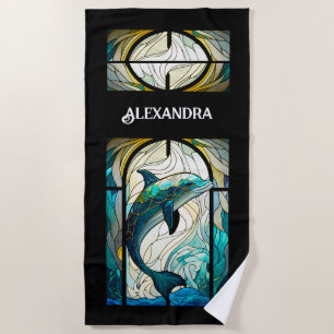 Serviette De Plage Turquoise bleu blanc dauphin look de verre tendu