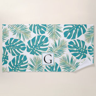 Serviette De Plage Turquoise bleu et or tropical feuilles et monogram