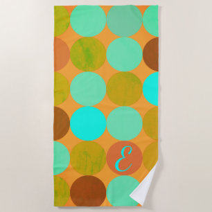 Serviette De Plage Turquoise Bleu Vert & Cercles Orange Monogramme