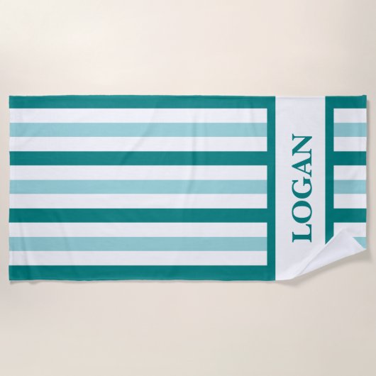 Serviette de plage turquoise en bande avec nom per (Devant)