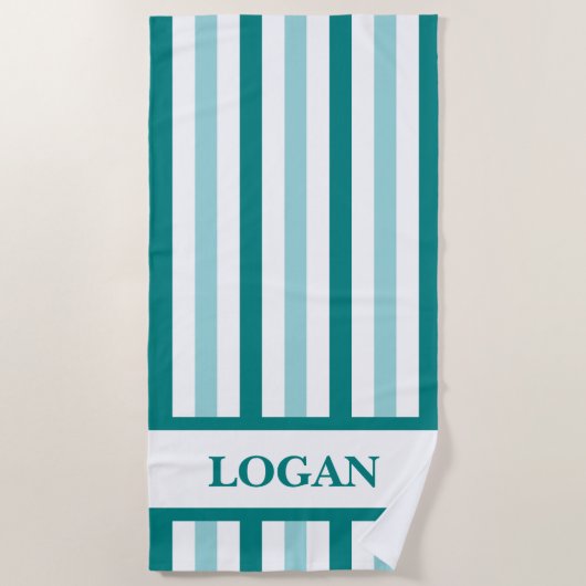 Serviette de plage turquoise en bande avec nom per (Devant)