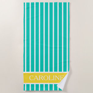 Serviette De Plage Turquoise jaune et rayures blanches personnalisées