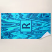 Serviette De Plage Turquoise Océan Bleu Vagues Monogramme Abstrait In (Devant)