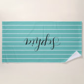 Serviette De Plage Turquoise stries sur blanc et noir Nom de script 2 (Devant)