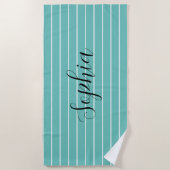 Serviette De Plage Turquoise stries sur blanc et noir Nom de script 2 (Devant)
