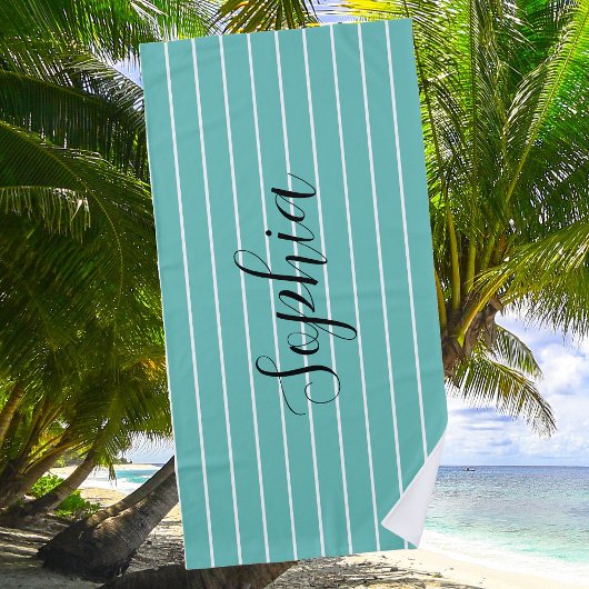 Serviette De Plage Turquoise stries sur blanc et noir Nom de script 2