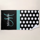Serviette De Plage Turquoise vert Monogramme noir blanc Polka point (Devant)