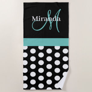 Serviette De Plage Turquoise vert Monogramme noir blanc Polka point