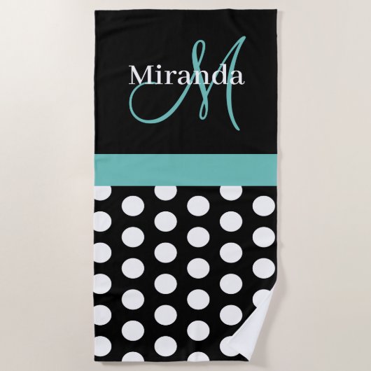Serviette De Plage Turquoise vert Monogramme noir blanc Polka point (Devant)