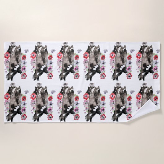 Serviette De Plage Tuxedo Chat Cute Jolie Fleurs Chats Aquarelle (Devant)