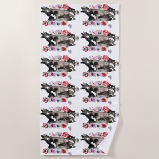 Serviette De Plage Tuxedo Chat Cute Jolie Fleurs Chats Aquarelle (Devant)