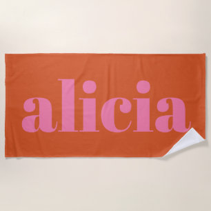 Serviette De Plage Typographie moderne Nom personnalisé   Orange rose