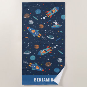 Serviette De Plage Un espace mignon, des planètes et des bateaux à ro
