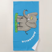 Serviette De Plage Un joli éléphant drôle avec un oiseau sur le tronc (Devant)