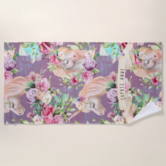 Serviette de plage Unicorn | Modèle floral (Devant)