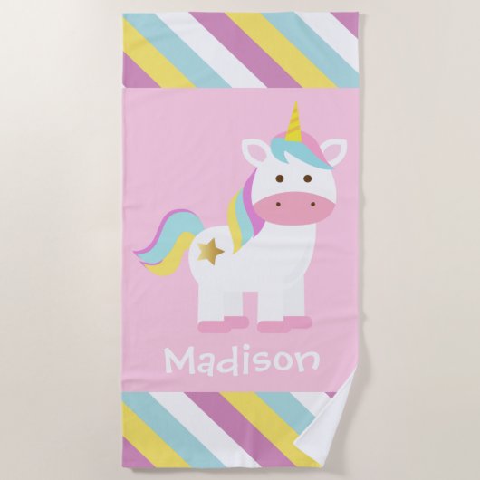 Serviette de plage Unicorn rayée personnalisée (Devant)