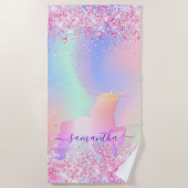 Serviette De Plage Unicorn rose violet nom holographique fille (Devant)