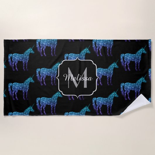 Serviette De Plage Unicorn Sparkles aqua blue ombre motif Monogramme (Devant)