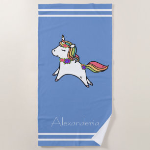 Serviette De Plage Unicorne avec arc-en-ciel rose violet fleurs tout-