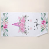 Serviette De Plage Unicorne face et fleurs (Devant)