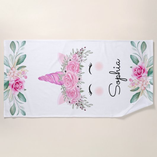 Serviette De Plage Unicorne face et fleurs (Devant)
