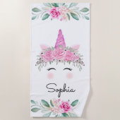 Serviette De Plage Unicorne face et fleurs (Devant)