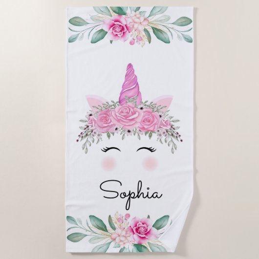 Serviette De Plage Unicorne face et fleurs (Devant)