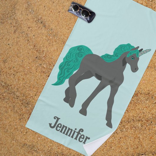 Serviette De Plage Unicorne grise et Turquoise Personnalisée