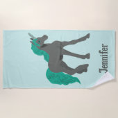 Serviette De Plage Unicorne grise et Turquoise Personnalisée (Devant)
