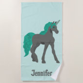 Serviette De Plage Unicorne grise et Turquoise Personnalisée (Devant)