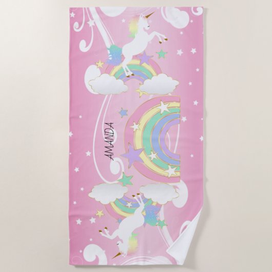 Serviette De Plage Unicorne rose arc-en-ciel (Devant)