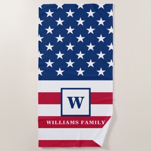 Serviette De Plage USA American Flag Monogramme Nom de famille 4 juil (Devant)