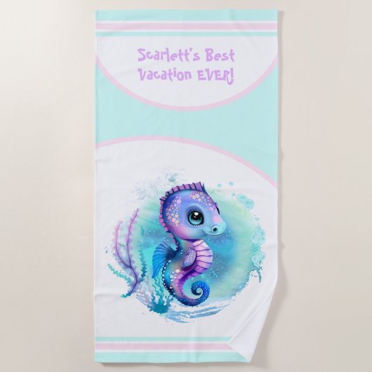 Serviette De Plage Vacances d'été à cheval de mer mignonne fille pers (Devant)