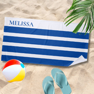Serviette De Plage Vacances d'été personnalisées Rayure Cabane Bleue