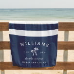 Serviette De Plage Vacances familiales personnalisées Navy & White St<br><div class="desc">Commémorez vos vacances en famille,  votre voyage ou votre croisière avec ces serviettes de plage personnalisées uniques. Le design personnalisé comprend des rayures bleu marine et blanc classiques avec votre nom de famille,  type d'événement,  année et destination,  en flanquant une paire d'illustrations silhouettes de palmiers blancs.</div>