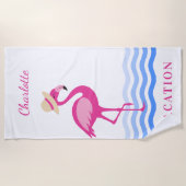 Serviette De Plage Vacances monogramme Flamant rose rose vagues (Devant)