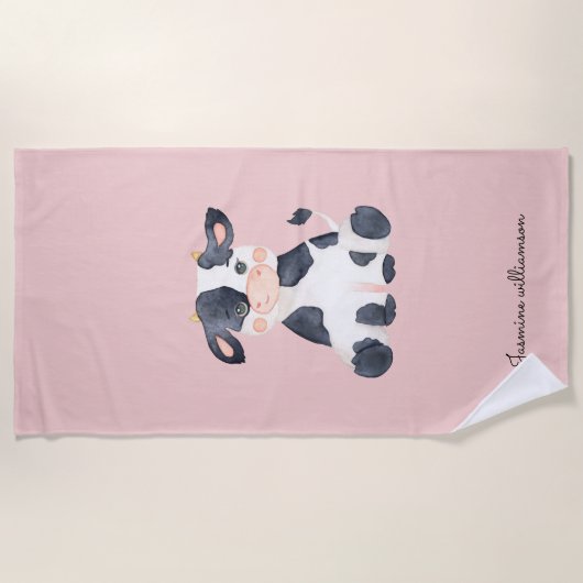 Serviette De Plage Vache d'aquarelle couleur rose vif personnalisée (Devant)