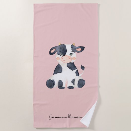 Serviette De Plage Vache d'aquarelle couleur rose vif personnalisée (Devant)