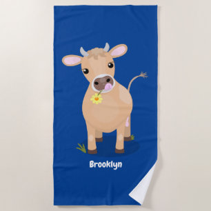 Serviette De Plage Vache de jersey et fleur cartoon mignons et heureu