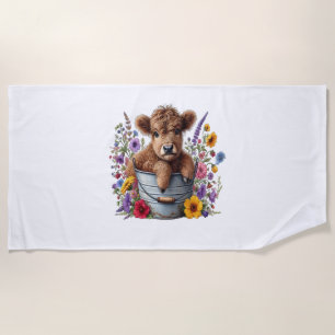 Serviette De Plage Vache Highland dans le seau à fleurs, mignonne