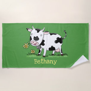 Serviette De Plage Vache mignonne en vert dessin animé sur le terrain